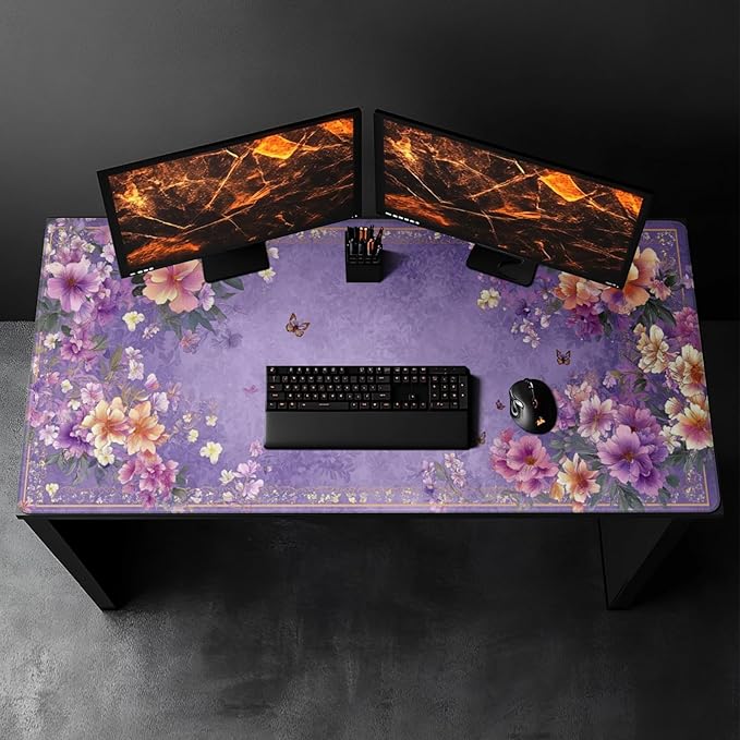 Extra Large Floral Mouse Pad‌ 48" x 24" - Beautiful Flower & Butterfly Design XXXL Desk Mat with Non-Slip Base, Violet Mousepad Comfortable Keyboard Mat for Gaming & Work