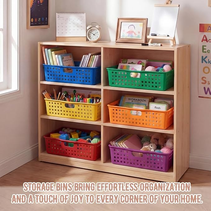 Geetery 12 Pack Classroom Storage Baskets with Handle 14''x10'' Paper Tray Holds A4 Turn in Trays Plastic Paper Baskets Desk Organizer Bin for Classroom, Library, Office, Home (Rainbow Color)