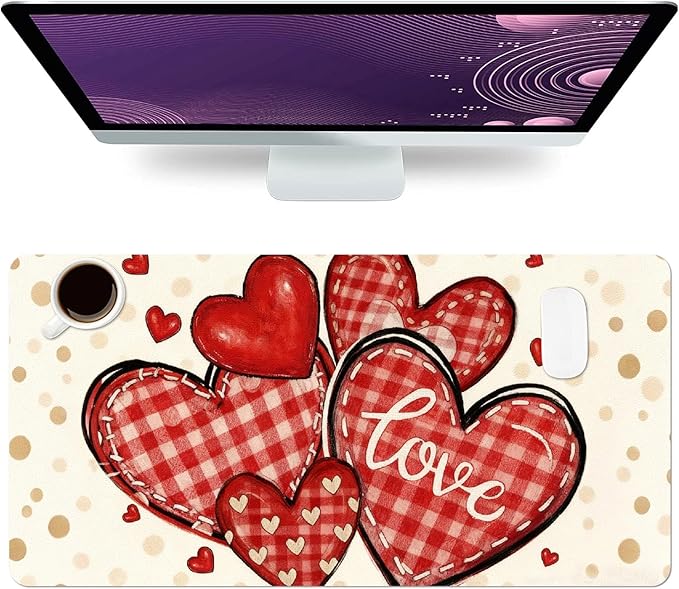 Valentine Desk Mat, Beige Checked Heart Large Mouse Pad for Desktop, PU Leather Waterproof Desk Pad, Computer PC Laptop Protector Gaming Mouse Pads Valentine's Day Gifts for Her Him (23.6" x 11.8")