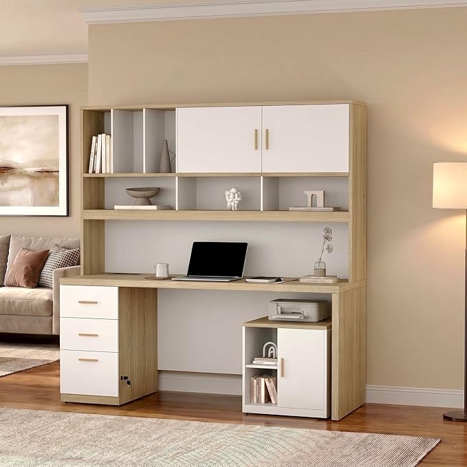 ModernMate Computer Desk with Hutch & File Cabinet, 72.8" Home Office Desk Set with Under Desk Printer Stand, Office Desk with Hutch Built in Power Outlet, USB/Type-C, Light Walnut