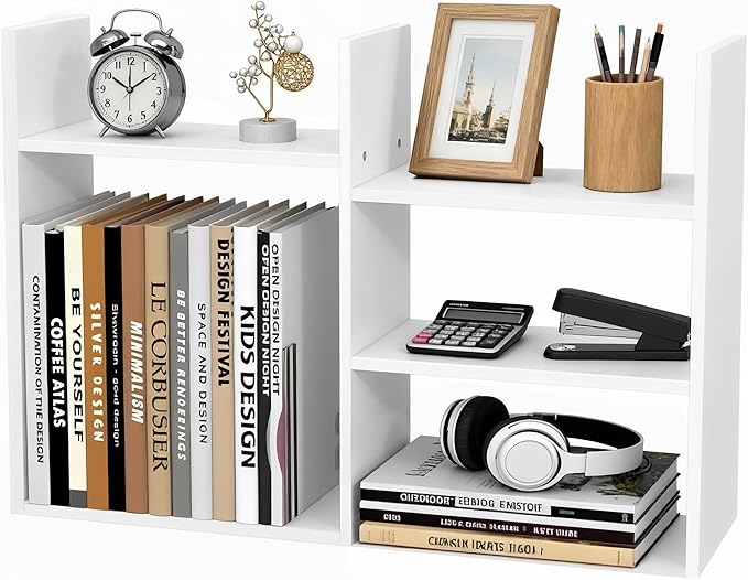 Desktop Shelf Organizer Desk Shelves - White Desk Hutch for Dorm Room Essentials & Home Office - Small Tabletop Bookshelf for Storage & Decor Display