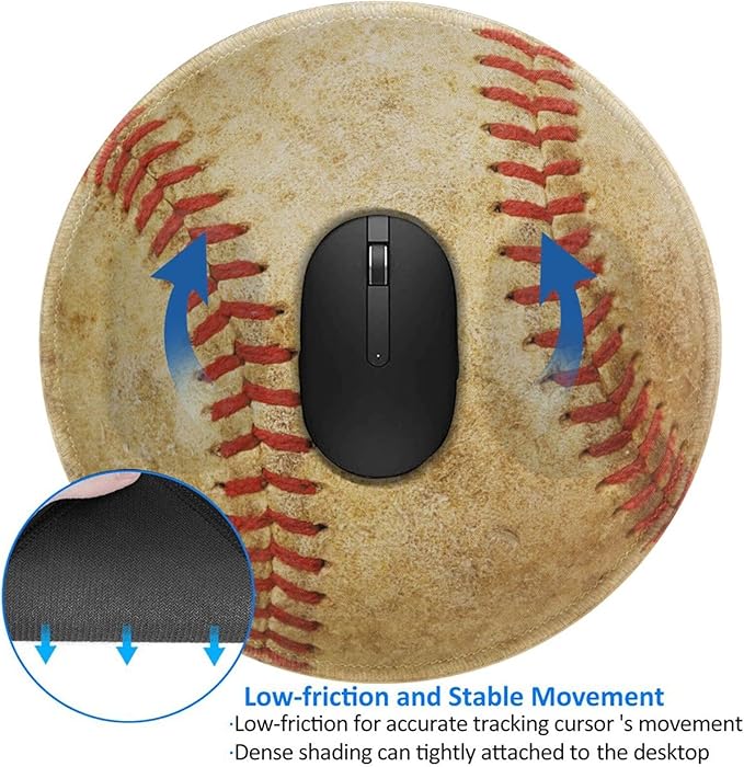Baseball Round Mouse Pad Premium Textured Mouse Mat Washable Mousepads with Extended Stitched Edges Non Slip Rubber Base Small Mousepad 7.9 * 7.9 * 0.12 Inches