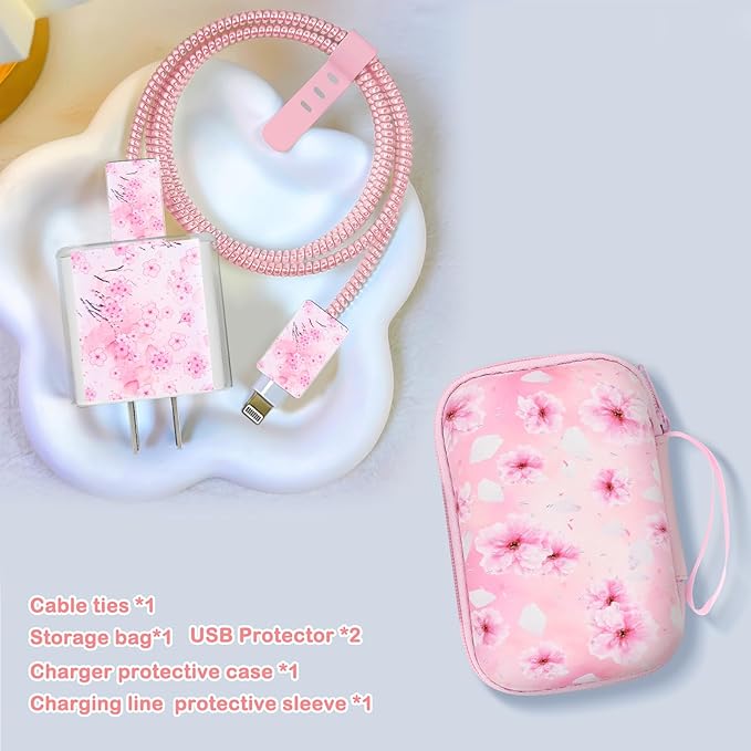 Phone Charger Case Storage Set with Cherry Blossom Cable Protector with Carrying Cable Case Bag,Cord Organizer, USB Earphone Wire Saver Organizer Charger Protector for iPhone (Pink Cherry Blossom)