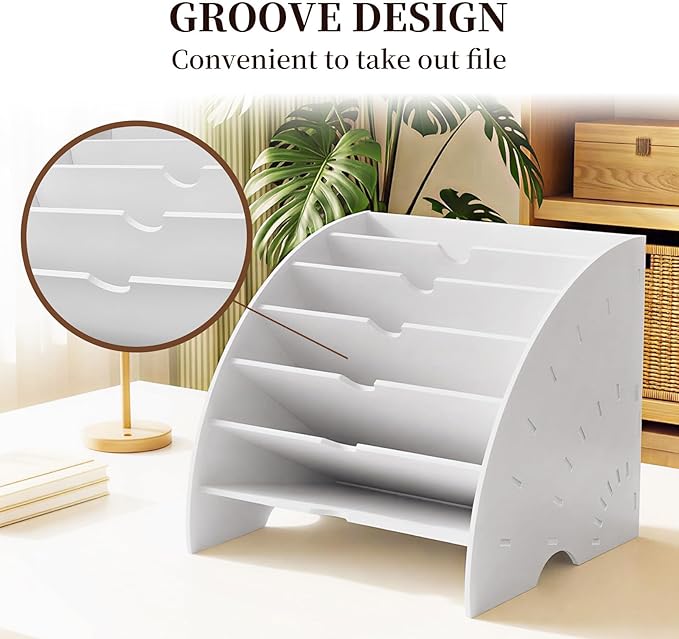 File Folder Desk Organizer, 6-Tier Binder Holder for Office Supplies Storage, WPC Magazine Book Rack for Workspace, Home, Classroom, White Decorative File Box