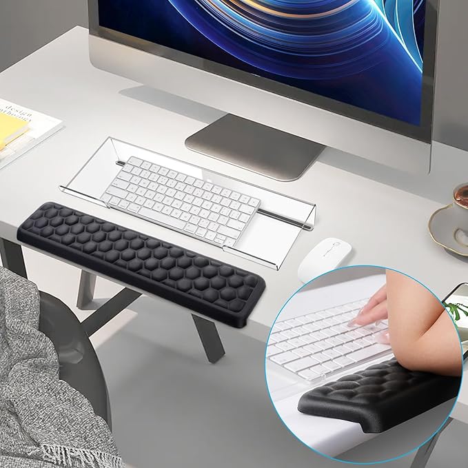 MOSISO Wrist Rest for Keyboard&Keyboard Stand Set, Honeycomb Structured Ergonomic Wrist Rest Pad, Non-Slip Base with Easy Typing Working Acrylic Clear Holder for Office Home, Black