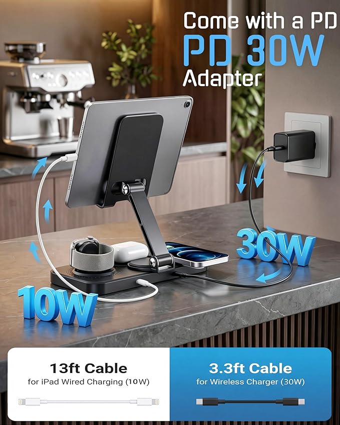 6 in 1 Charging Station for Apple Multiple Devices, Wireless Charging Station with Clock & 7 RGB Light, Foldable Wired Chargers for Multiple Devices for iPhone 17/16/15, iPad, Apple Watch, AirPods