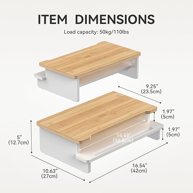 Computer Monitor Stand Riser, 16.5 Inch Wood Desk Shelf Storage Organizer with Phone Tablet Holder, White & Natural Bamboo