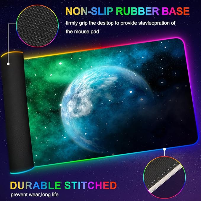 ARTSO Large RGB Gaming Mouse Pad, Led Big Mouse mat with 14 Light Modes, Extended Soft Computer Keyboard Mat Non-Slip Rubber Base, Green Planet Nebula