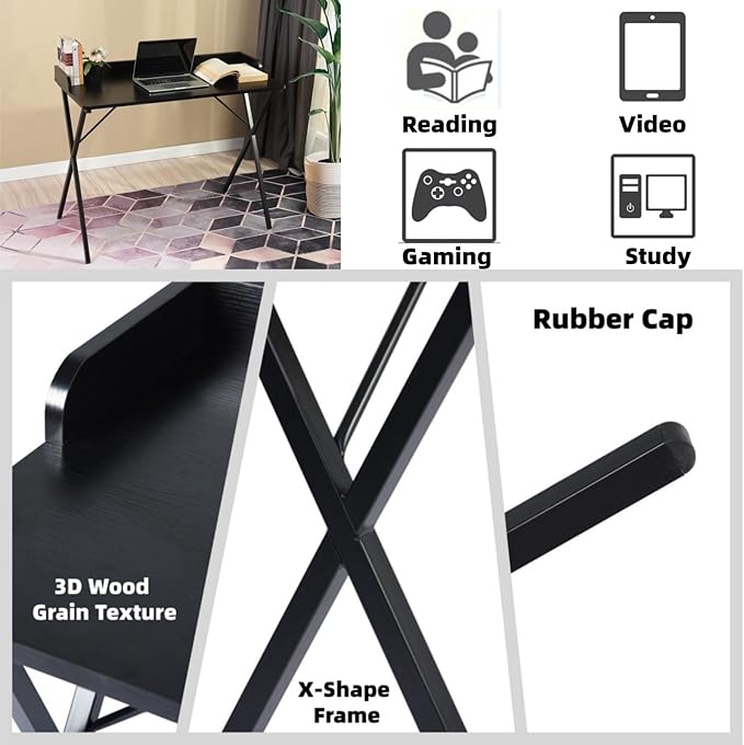 Homy Casa Modern Home Office Desk and Chair Set, Black X-Frame Computer Desk with Pink Ergonomic 360° Swivel Task Chair with Height Adjustment, 47.2 x 19.9 Inch Study Workstation