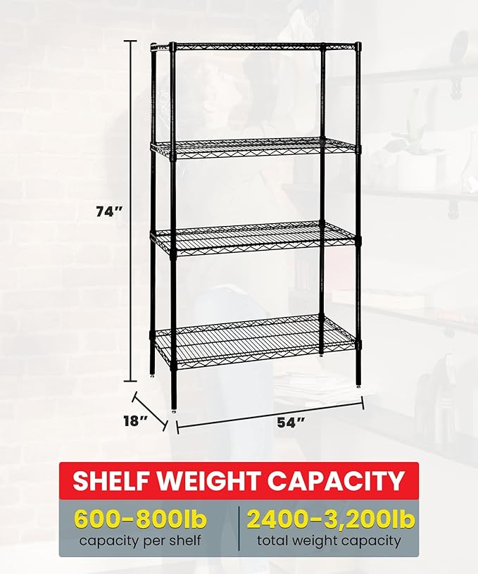 Quantum Storage Systems WR74-1854BK Wire Shelving Starter Kit, 54" W x 18" D x 74" H, 600 lbs Capacity, Carbon Steel, Epoxy Coated, Black, NSF