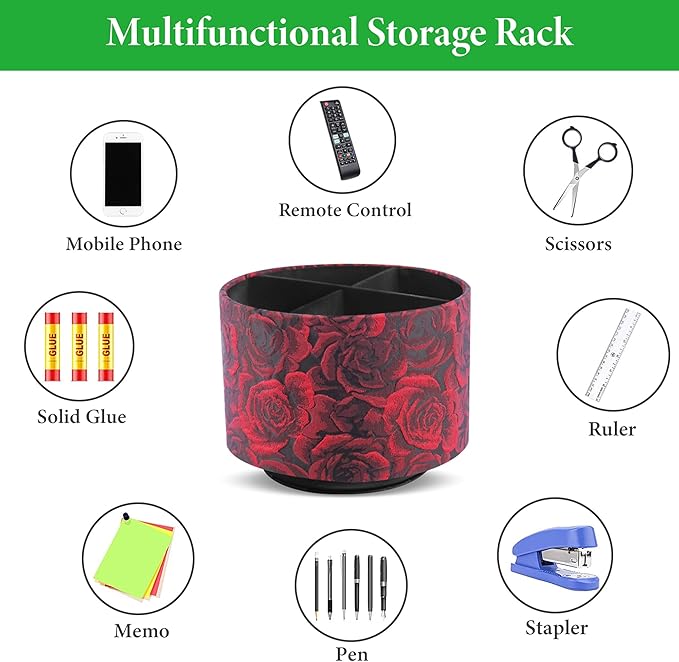 Round Leather Art Supply Organizer,Remote Control Holder,360 Degree Rotating,Multi-Functional Pencil Holder,4 Compartments Desktop Stationary Organizer(1-3D Rose Red)