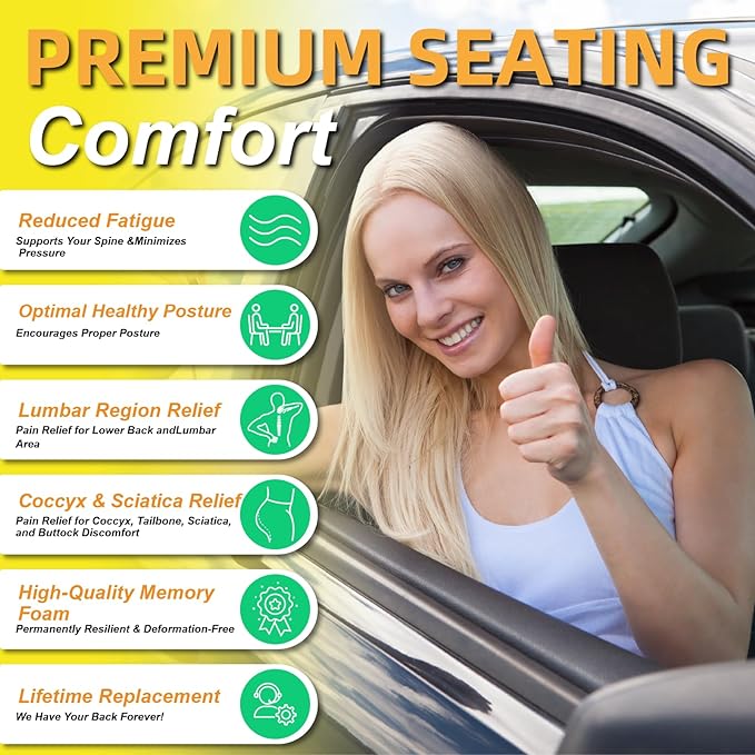kingphenix Car Seat Cushion with Back Support Pillow: Enhanced Comfort Memory Foam Design for Pain Relief, Ideal for Drivers and Office Use - Ergonomic Lumbar Comfort for Long Sitting - Brown