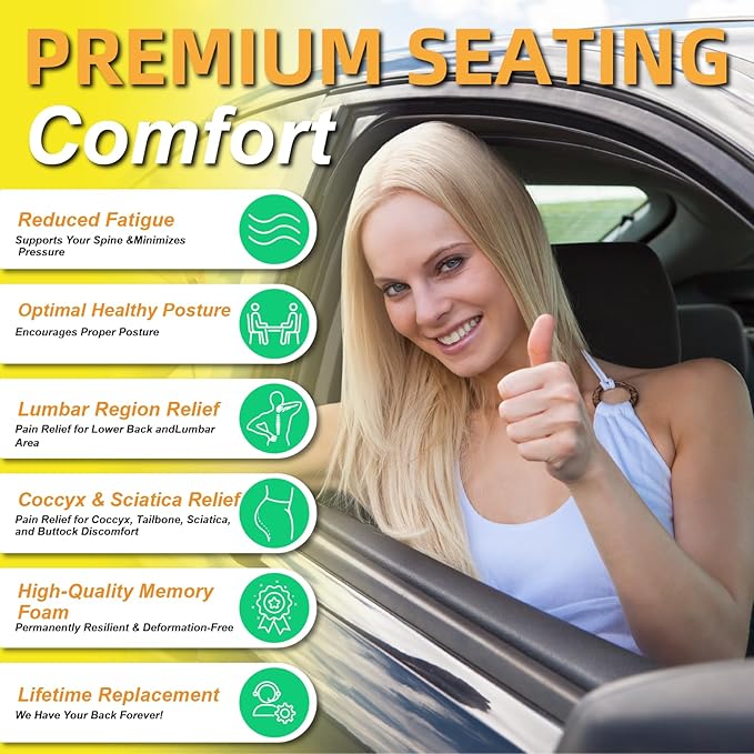 kingphenix Car Seat Cushion with Back Support Pillow: Enhanced Comfort Memory Foam Design for Pain Relief, Ideal for Drivers and Office Use - Ergonomic Lumbar Comfort for Long Sitting - Black