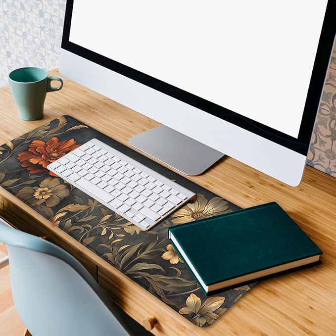 Vintage Floral Gaming Mouse Pad Dark Botanical Art Extended Gaming Mouse Pad Mat with Stitched Edge Non-Slip Base Office Computer Keyboard Laptop 31.5"x11.8"