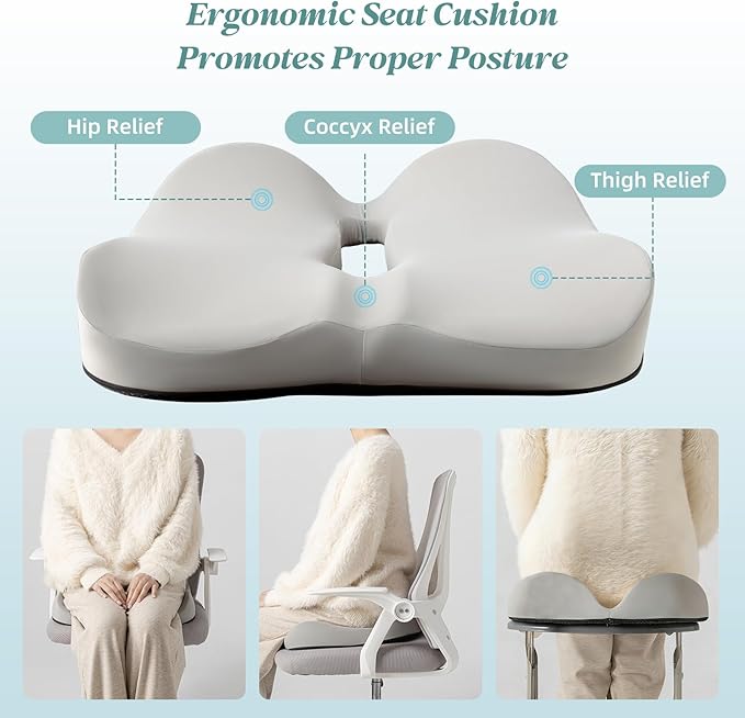 SheRest Seat Cushion, Ergonomic Memory Foam Cooling Cushion, Pressure Relief Suitable for Long Sitting Hours on Office Chairs, Desks, Cars and Airplane Seats, Gray