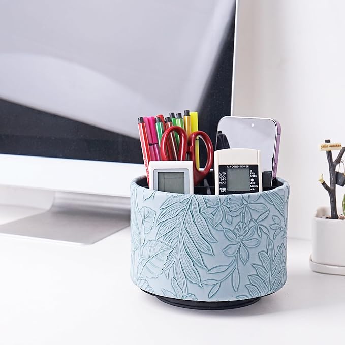 Round Leather Art Supply Organizer,Remote Control Holder,360 Degree Spinning,Multi-Functional Pencil Holder,4 Compartments Desktop Stationary Organizer(1-Carved Light Blue)