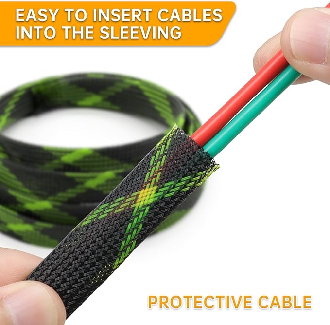 Braided Cable Sleeve, 33ft Expandable Wire Loom for Automotive Wiring Harness & PC Case, Pet-Proof Chew Resistant Cord Protector, Flexible Cable Management (Black-UV Yellow, 10mm (3/8"))