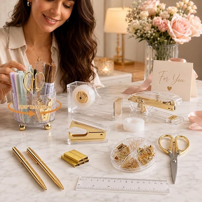 Office Desk Accessories Supplies - 11 Pcs Gold Desk Decor Set with 360-Degree Rotating Pen Holder, Women Cute Aesthetic Office Essentials Kit, Stapler Tape Dispenser, Acrylic Gift for School Home Work