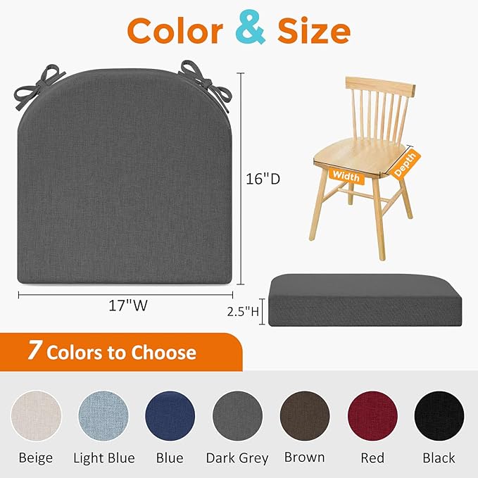 downluxe Chair Cushions for Dining Chairs, Memory Foam Linen Kitchen Chair Pads with Ties, Waterproof, Stain-Resistant and Washable Cover, 17" x 16" x 2.5", Dark Grey, 4 Pack