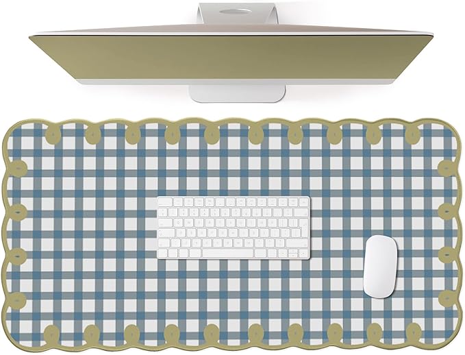 Cute Blue Green Scalloped Desk Mat Checkered Large Mouse Pad Kawaii Vintage Farmhouse-Inspired Cottagecore Office Desk Decor Stitched Nonslip Pad for Computer Keyboard & Mouse 31 * 15.7in