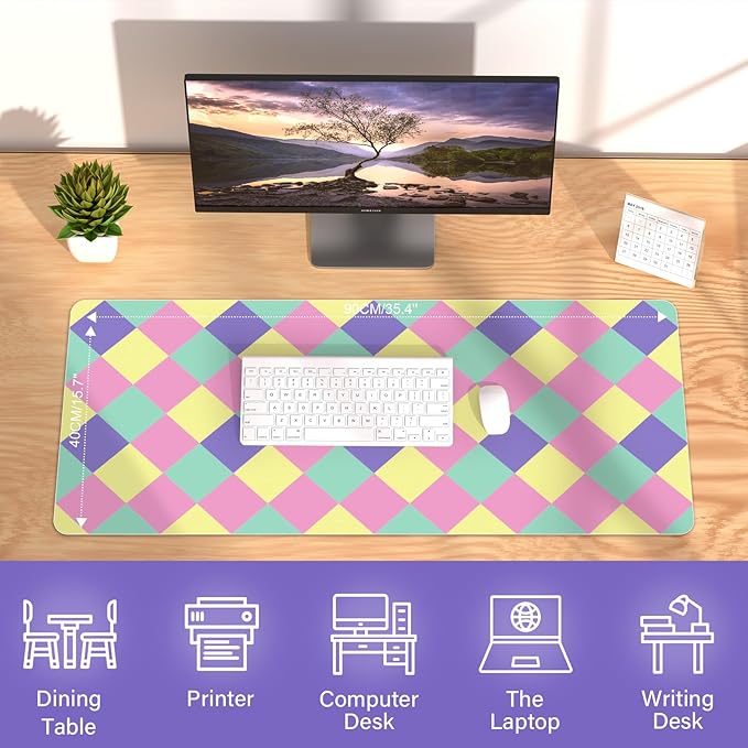 Checkered Desk Pad Protector, Non-Slip PU Leather Desk Mat, Waterproof Laptop Computer Desk Keyboard Mat, Easy Clean Office Laptop Desk Pad, Desktop Mat for Work Home, 35.4" x 15.7"