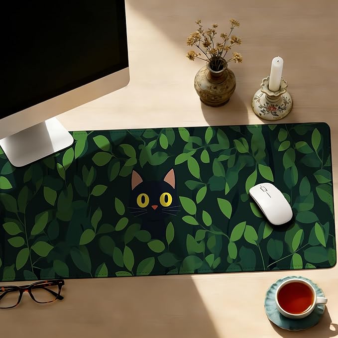 Large Gaming Mouse Pad Black Cat Hide Green Leaves Desk Mat,Non-Slip Rubber Base Stitched Edges,Extended Mousepad for PC,Laptop,Office,Home Decor(31.5 x 11.8 Inch)