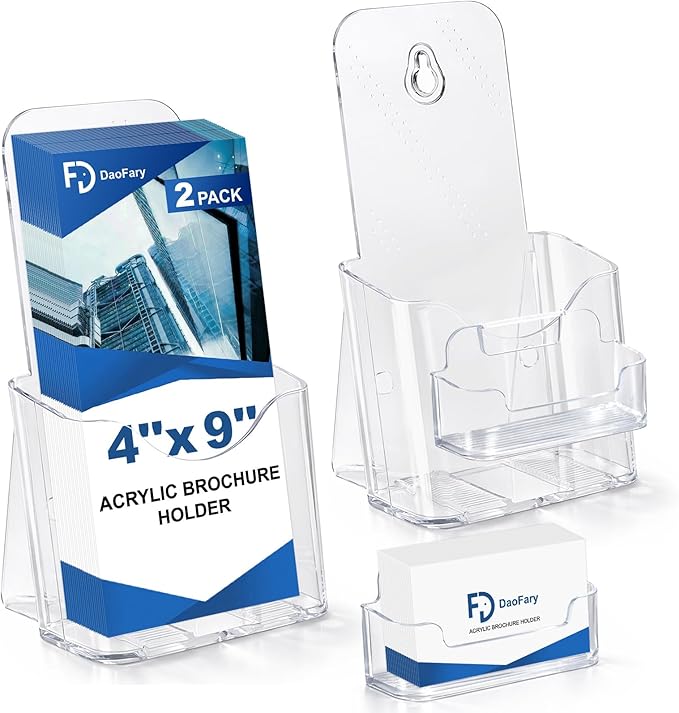 Daofary 2 Pack Acrylic Brochure Holder 4 x 9, Single Tier Brochure Stand for Pamphlets, Flyers, Magazines, Clear Acrylic Display Rack for Desk, Countertop, Wall Mount