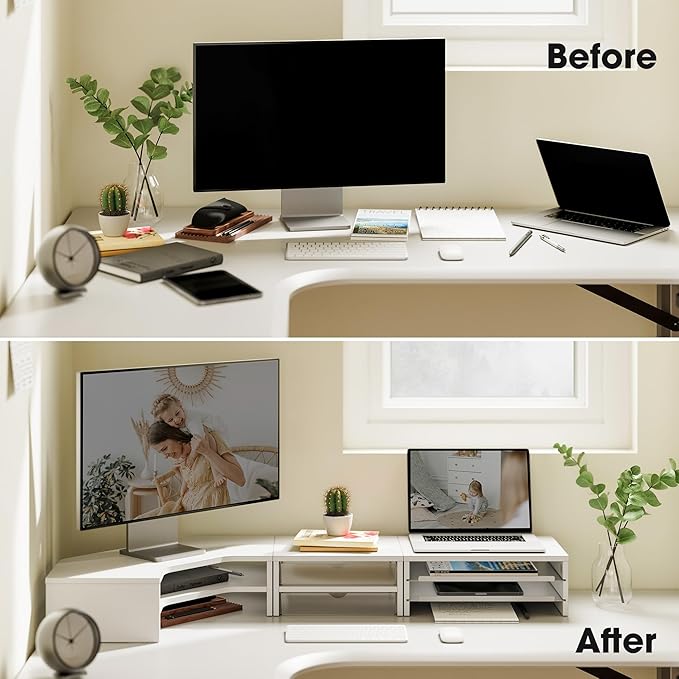 Fenge L Shape Monitor Stand Riser, Corner Triangle Computer Monitor Shelf with Drawers and Slide-out Trays, Wooden Desk Shelf Organizer for Laptop Computer Printer Home Office Desk, Holds up to 132lbs, White