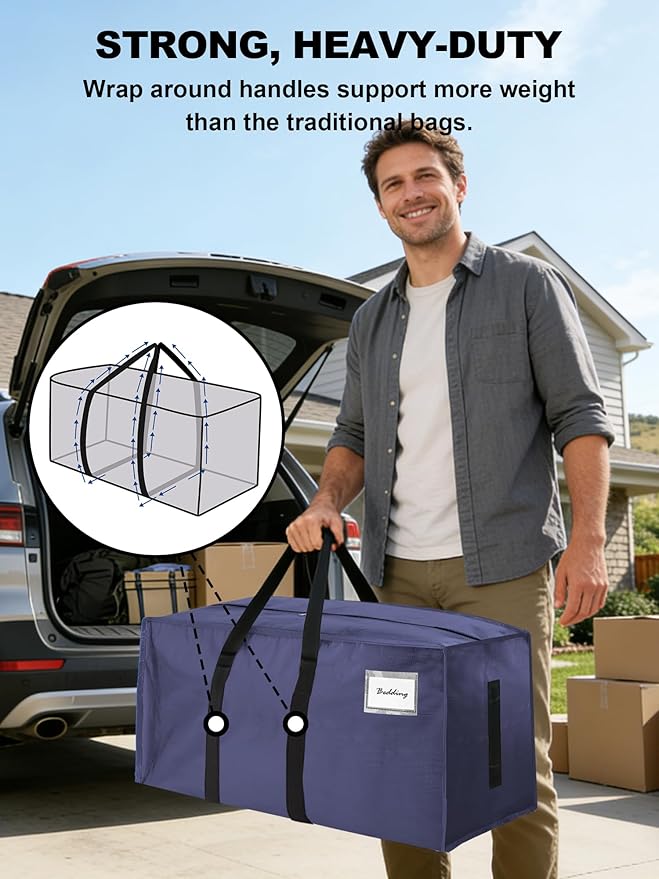 80 Pack Large Strong Moving Bags with Zippers & Carrying Handles - Water-Resistant - Heavy Duty Storage Tote for Space Saving, Fold Flat, Alternative to Moving Box (Blue)