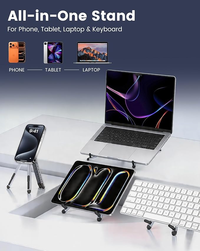 LENTION Magnetic Foldable Laptop Stand, 8-Level Adjustable Aluminum Laptop Riser, N52 MagSafe Phone Tablet Tripod Holder, Portable Ergonomic Desk Stand for 10-16 Inch Laptop Home Office Travel