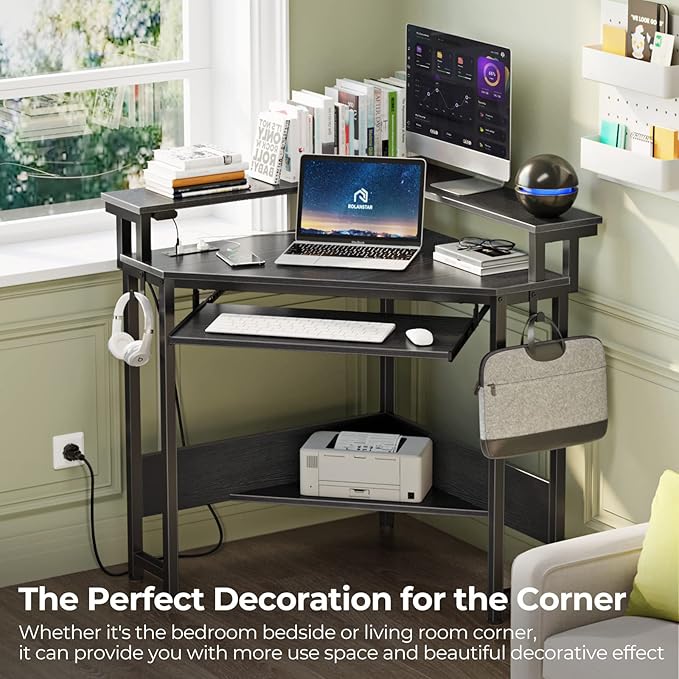 Rolanstar Corner Desk,44" W x 34" H Small Computer Desk with Power Outlets, Gaming Desk with LED Lights, Triangle Corner Table with Keyboard Tray & Monitor Stand for Small Space, Black