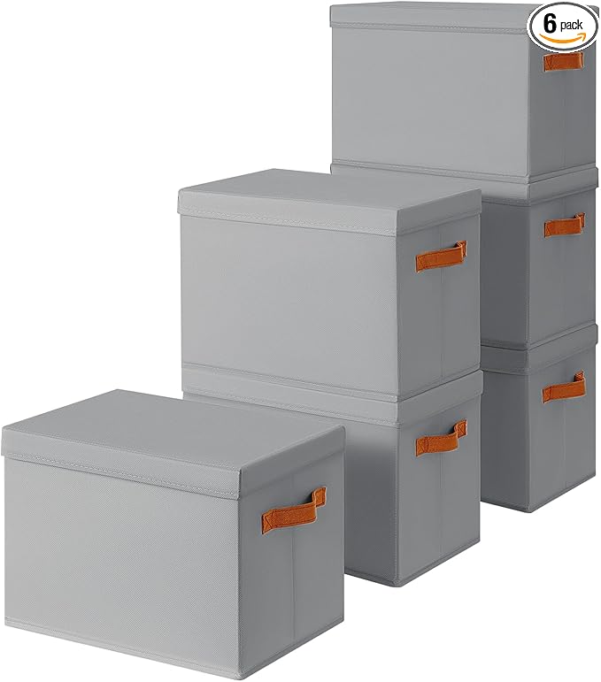 Homsorout Storage Bins with Lids - Fabric Storage Baskets for Shelves, 6 Pack Foldable Decorative Boxes with Handles, Stackable Organizer Bins for Home, Nursery, Dorm, Grey