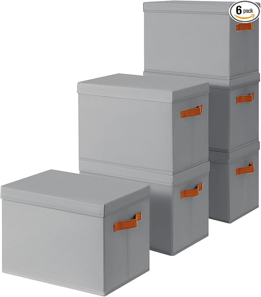 Homsorout Storage Bins with Lids - Fabric Storage Baskets for Shelves, 6 Pack Foldable Decorative Boxes with Handles, Stackable Organizer Bins for Home, Nursery, Dorm, Grey