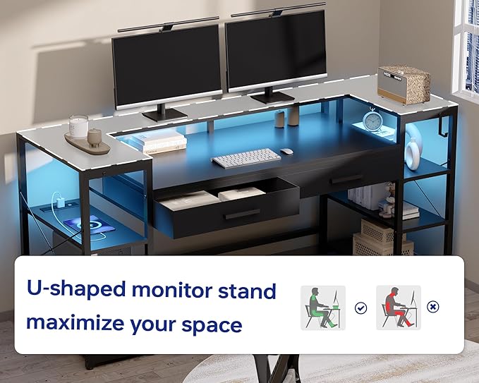 Pamray 58 Inch Computer Desk with Monitor Stand and Shelves Gaming Desk with LED Lights & Power Outlets PC Vanity Table with 2 Drawers for Home Office Vintage