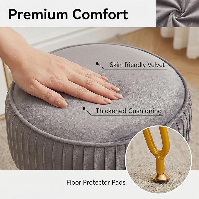 Velvet Vanity Stool Chair, Modern Ottoman Foot Rest Stool with Adjustable Golden Legs, Makeup Chair for Vanity, Multifunctional Makeup Stool for Vanity, Small Vanity Chair for Bedroom, Grey