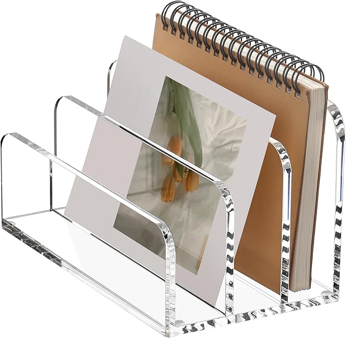 SANRUI Acrylic Mail File Organizer Sorters for Desk, 3 Upright Compartments Laddered Clear Desktop Vertical Letter Holder, Multifunction Envelope Folder Racks Holders for Office,Home, School