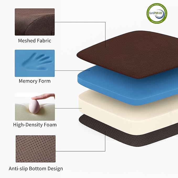 6" Extra Thick Memory Foam Office Chair Cushion – 2-Layer Booster Seat for Back & Tailbone Pain Relief, 18 x 16 x 6in Non-Slip Cushion with Carry Handle for Wheelchair, Car, and Airplane