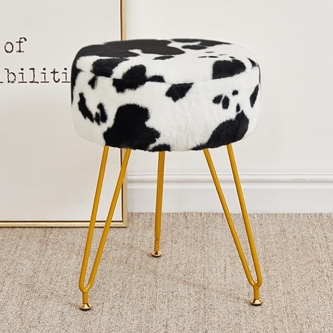 Velvet Vanity Stool, Modern Ottoman Foot Rest Stool with Adjustable Golden Legs, Makeup Chair for Vanity, Multifunctional Makeup Stool for Vanity, Small Vanity Chair for Bedroom, Cow