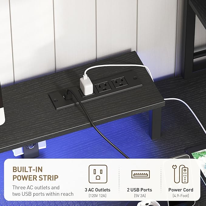RALGEND Computer Desk with Shelves and Drawers, 43.3 Inch Gaming Desk with Charging Station and LED Lights, Desk Workstation with Monitor Stand and Storage for Home Office, Black