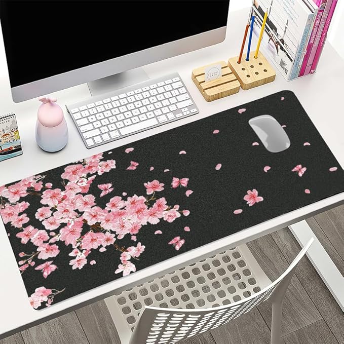 Pink Cherry Blossoms Desk Mat, Classic PU Leather Desk Pad for Women - Large Non-Slip Office Mat for an Elegant Gaming & Home Workspace（31.5 * 15.75in）