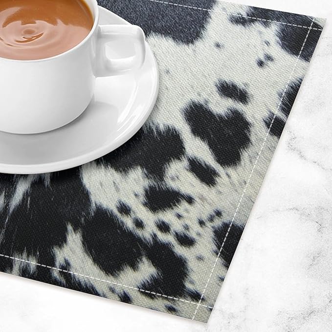 Cow Fur Placemats Farmhouse Western Farm Animal Skin Black White Cowhide Print Linen Washable Table Mats Stain Heat-Resistant Desktop Decor Place Mats for Home Kitchen Dining Party 12x18 in 6 Pcs