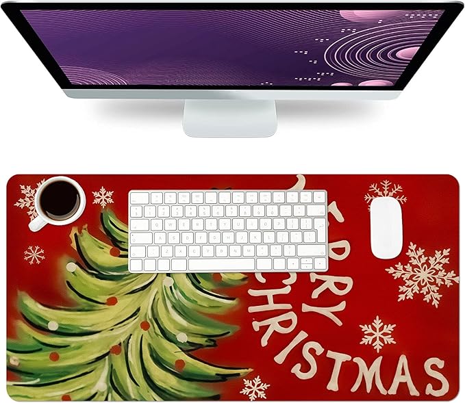Christmas Mouse Pad PU Leather Merry Christmas Desk Mat Large Waterproof Gaming Pad Snow Non-Slip Keyboard Mouse Pad Writing Pad for Gamer Office&Home
