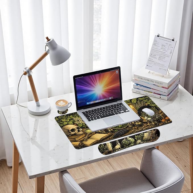 Dark Alchemy Desk Mat Set Witch Herbal Skull Study Large Mouse Pad with Wrist Rest 4in1 Desk Mat for Desktop Ergonomic Computer Desk Arm Wrist Anti-Slip Computer Mouse Pad Home Office Gaming
