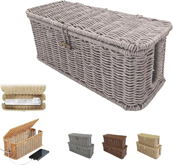 Handwoven Rattan Cable Management Box, Basket to Hide Cords, Container for Tv Wire, Computer, Router, USB Hub (Gray, M：12.9 * 5.1 * 5.1inch)