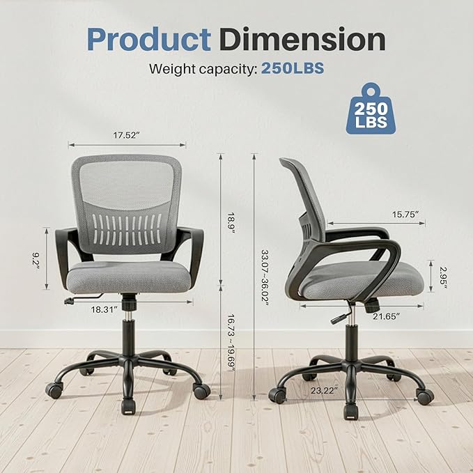 DUMOS Home Office Chair - Ergonomic Mid Back Mesh Desk Chair with Lumbar Support & Rocking Mode, Height Adjustable, Fixed Armrest, for Conference, Computer, 360° Swivel, Adults, Grey