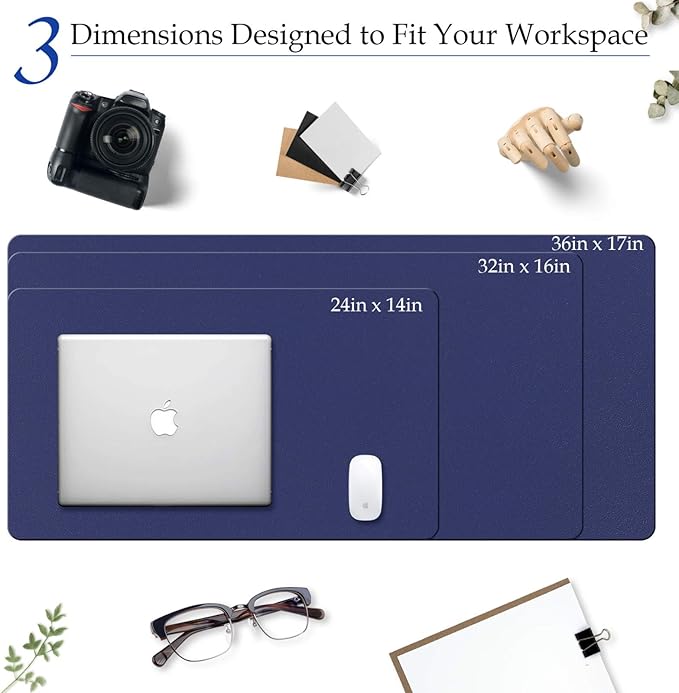 TOWWI PU Leather Desk Pad with Suede Base, Multi-Color Non-Slip Mouse Pad, 32” x 16” Waterproof Desk Writing Mat, Large Desk Blotter Protector (Dark Blue)
