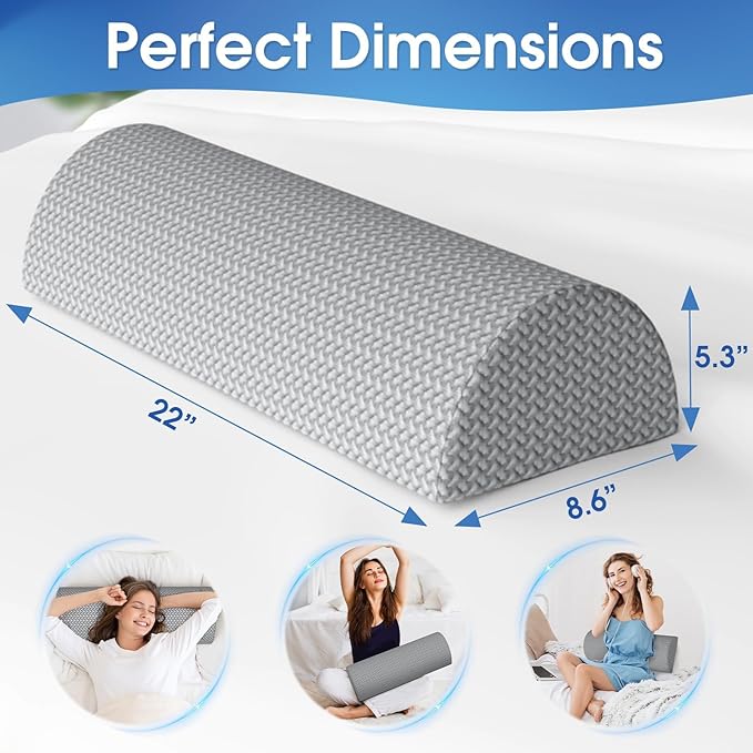 TranquilRelax Knee Pillow for Back Sleeping Memory Foam Half Moon Bolster Pillow for Legs, Under Knee Support, Ankle & Foot Comfort Orthopedic Pillow for Side Sleepers (Grey, 22" x 8.7" x 5.3")