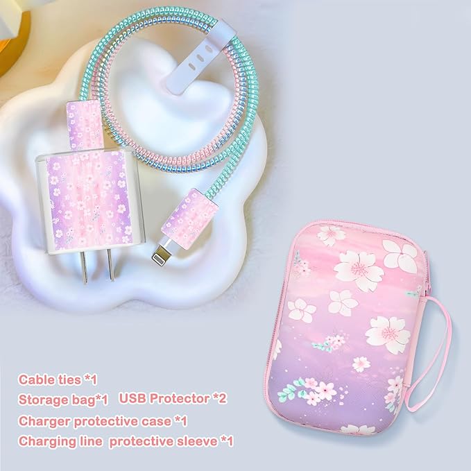 Phone Charger Case Storage Set with Cute Flower Cable Protector with Carrying Cable Case Bag,Cord Organizer, USB Earphone Wire Saver Organizer Charger Protector for iPhone (Purple Flower)