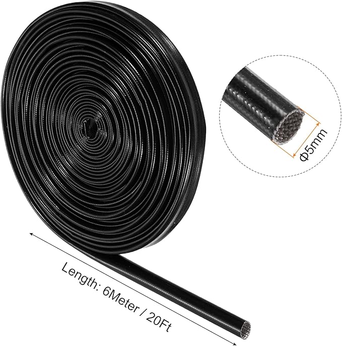 MECCANIXITY Insulation Braided Cable Sleeve,20 Ft-1/5 Inch ID Black, High Temp Silicone Fiberglass Sleeving for Cable Wrap, Automotive Wiring Protection
