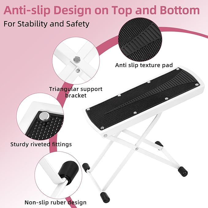 Pedicure Foot Rest, 6 Heights Adjustable Foot Stool, Upgraded Metal Foldable Non-Slip Stand for Home and Salon Use Pedicure Station, Ideal Pedi Stool for Nail Tech or Guitar Foot Stool White